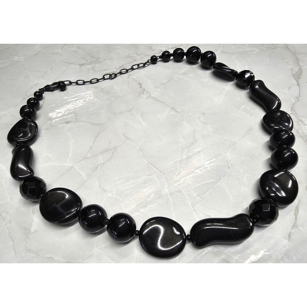 Necklace 19.5" Black Glass Chain Beads Asymmetrical Beaded Chunky Statement Goth
